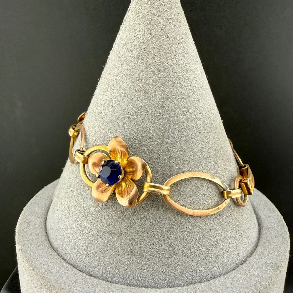 Vintage Van Dell Bracelet Gold Filled Blue Stone Floral Link 7 READ